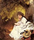 Tree Canvas Paintings - An Elegant Lady Reading Under a Tree